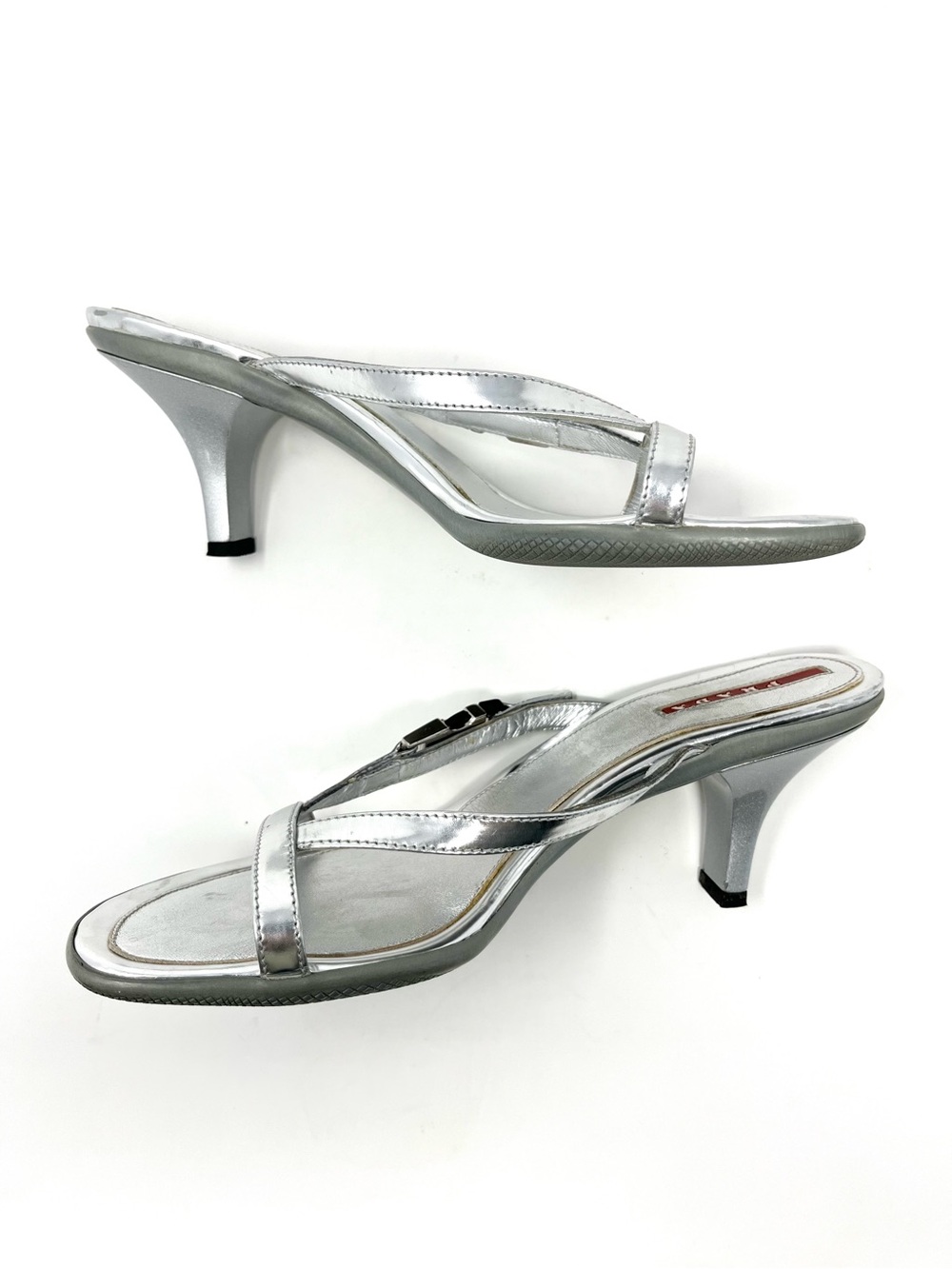 Vintage Prada Y2K Strappy Silver Leather Buckle Sandals Slides Kitten Heels 37.5 - Picture 5 of 9